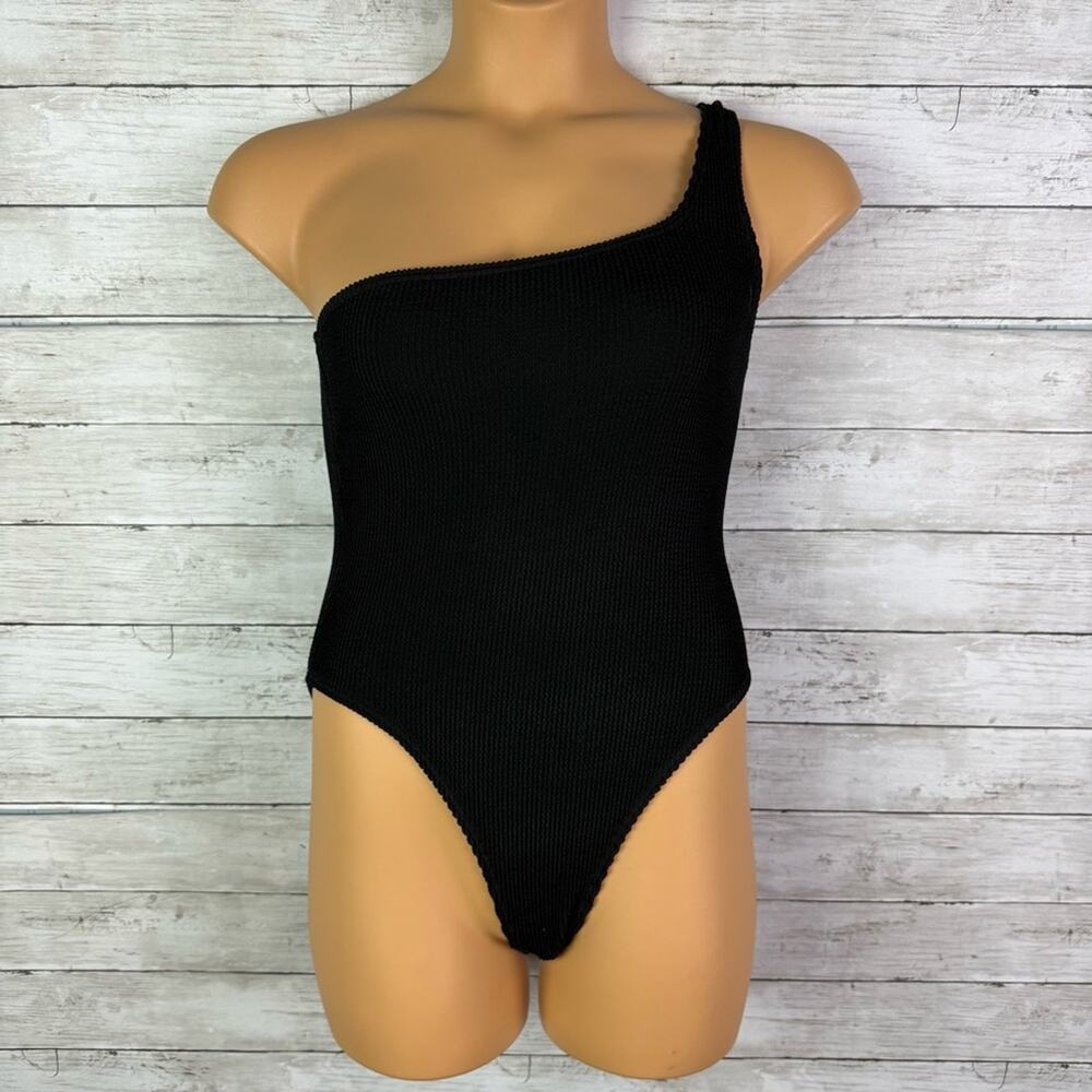 Classic One-Shoulder Black Ribbed One-Piece Swimsuit